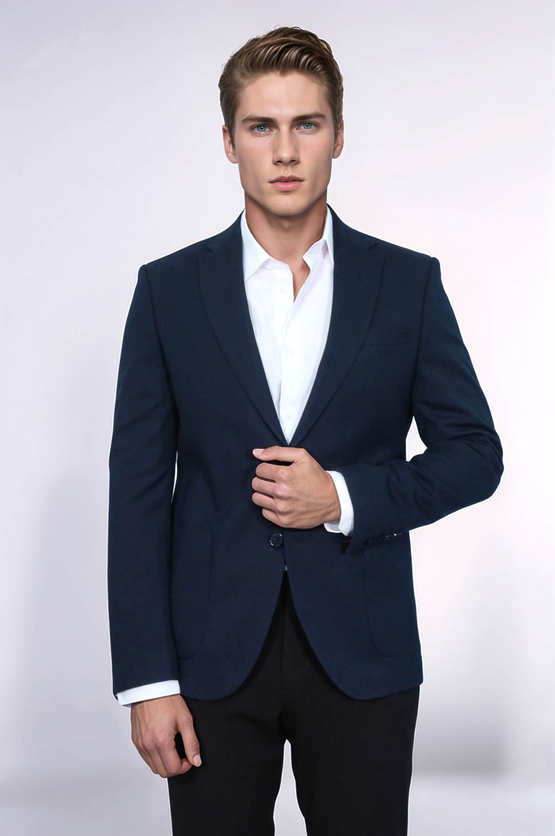 Textured Slim Fit Peak Lapel Navy Blue Men Blazer - Wessi