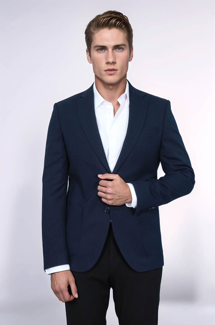 Textured Slim Fit Peak Lapel Navy Blue Men Blazer - Wessi