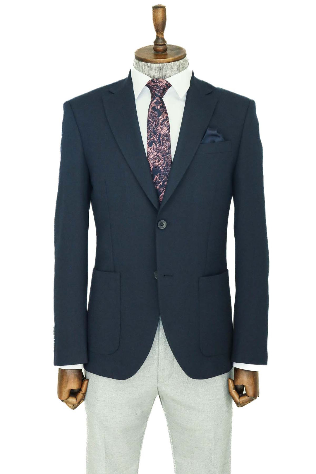 Textured Slim Fit Peak Lapel Navy Blue Men Blazer and Trousers Combination - Wessi