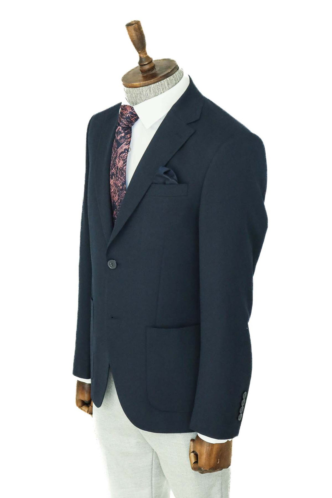 Textured Slim Fit Peak Lapel Navy Blue Men Blazer and Trousers Combination - Wessi