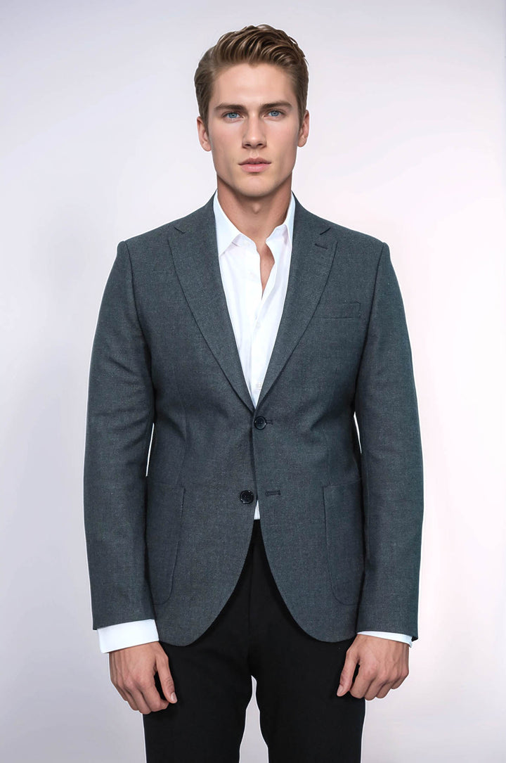 Textured Slim Fit Peak Lapel Grey Men Blazer - Wessi
