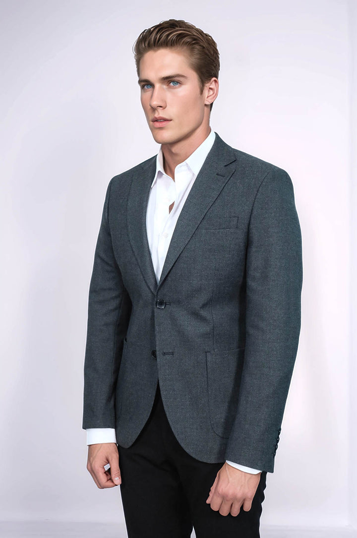 Textured Slim Fit Peak Lapel Grey Men Blazer - Wessi