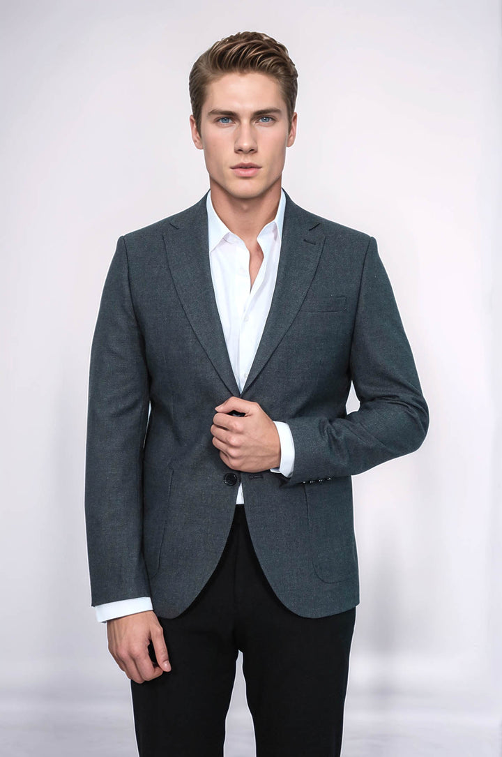 Textured Slim Fit Peak Lapel Grey Men Blazer - Wessi