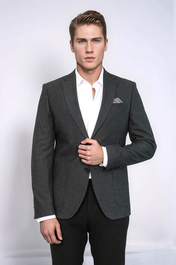 Textured Slim Fit Notch Lapel Anthracite Men Blazer - Wessi