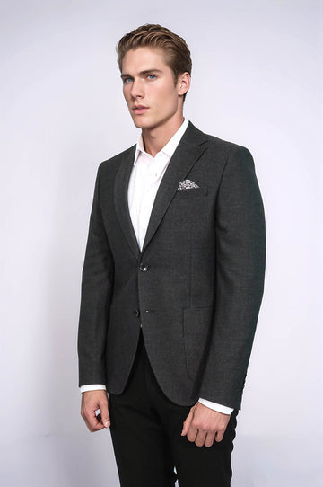 Textured Slim Fit Notch Lapel Anthracite Men Blazer - Wessi