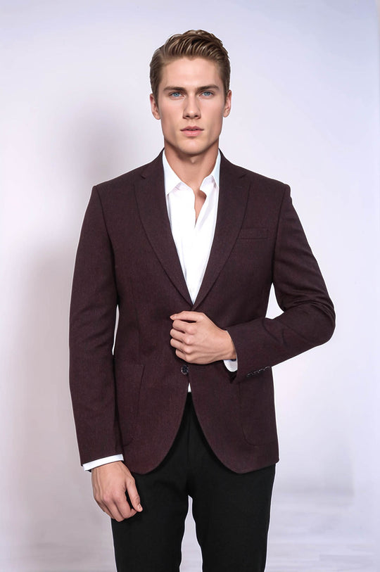 Wessi Textured Slim Fit Peak Lapel Burgundy Men Blazer, Size 38
