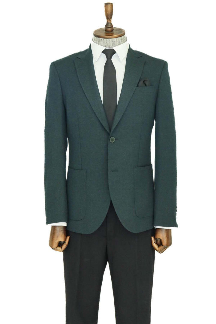 Textured Slim Fit Peak Lapel Green Men Blazer and Combination- Wessi