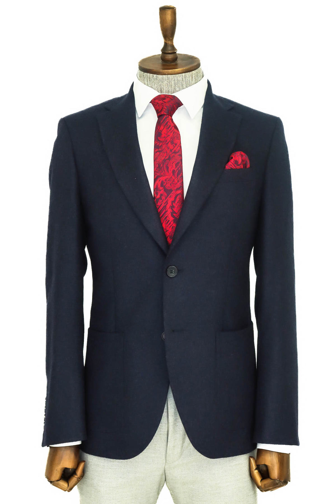 Slim Fit Plain Wide Lapel Navy Blue Men Wool Blazer - Wessi