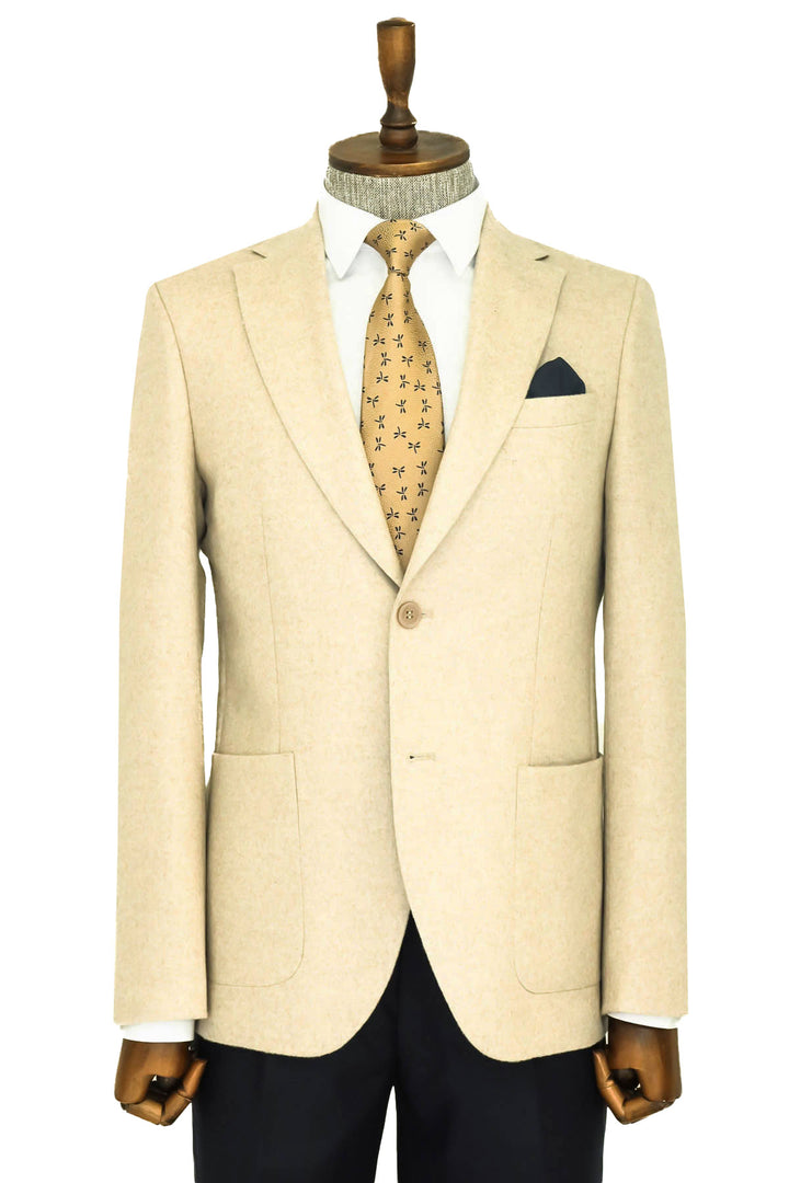 Blazer De Lana Hombre Slim Fit Liso Solapa Ancha Crema - Wessi