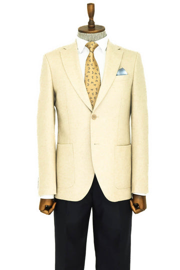 Slim Fit Plain Wide Lapel Cream Men Wool Blazer - Wessi