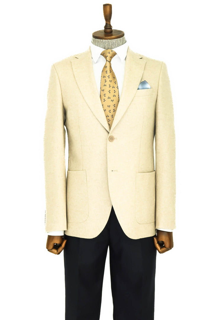 Blazer De Lana Hombre Slim Fit Liso Solapa Ancha Crema - Wessi