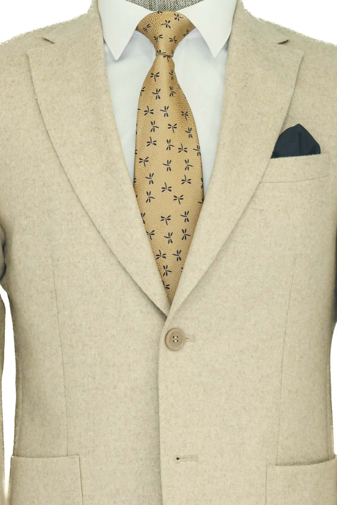 Combinación de blazer y pantalón de lana para hombre Slim Fit liso con solapa ancha color crema - Wessi