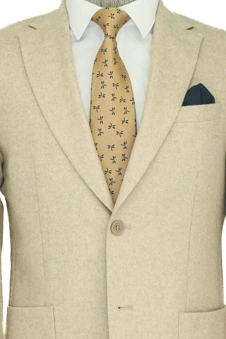 Slim Fit Plain Wide Lapel Cream Men Wool Blazer and Trousers Combination- Wessi