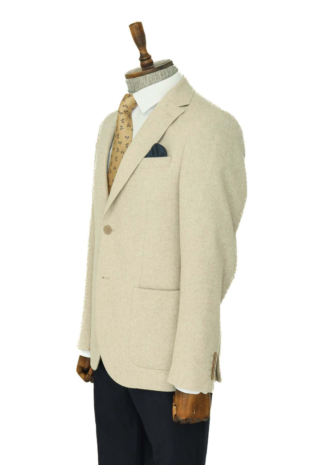 Combinación de blazer y pantalón de lana para hombre Slim Fit liso con solapa ancha color crema - Wessi