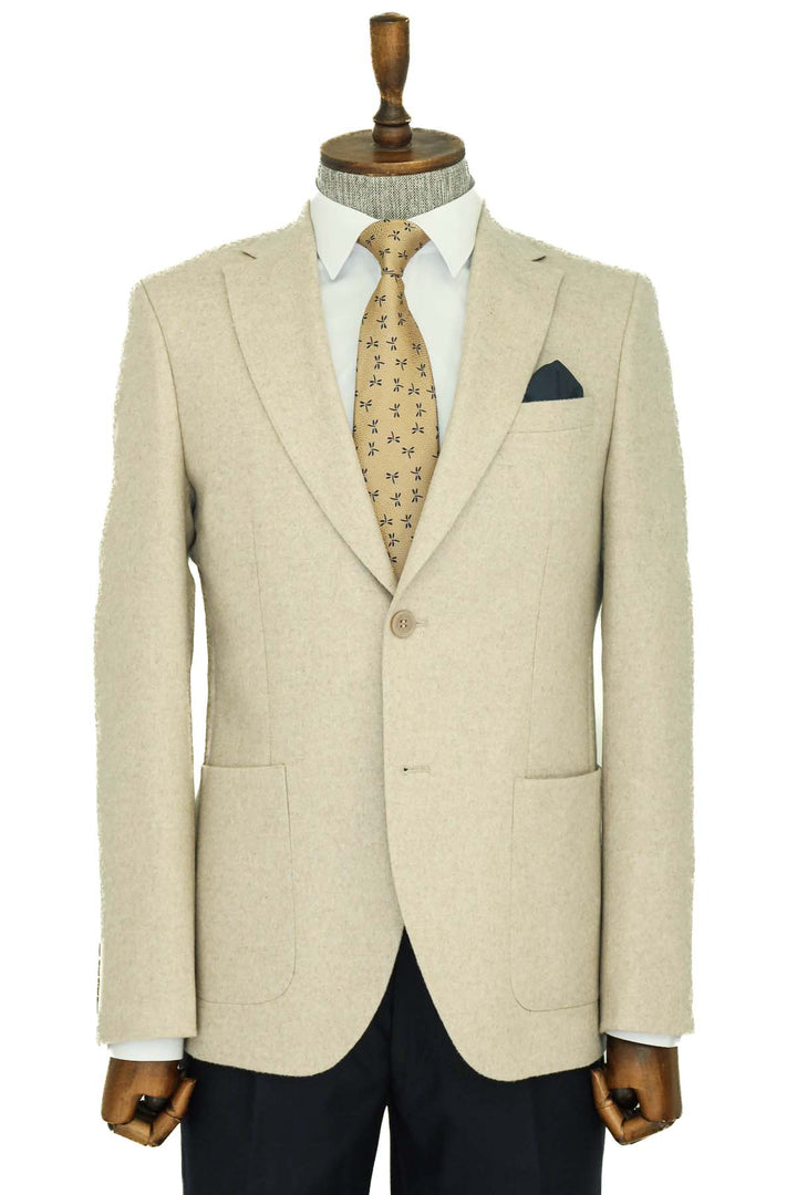 Combinación de blazer y pantalón de lana para hombre Slim Fit liso con solapa ancha color crema - Wessi
