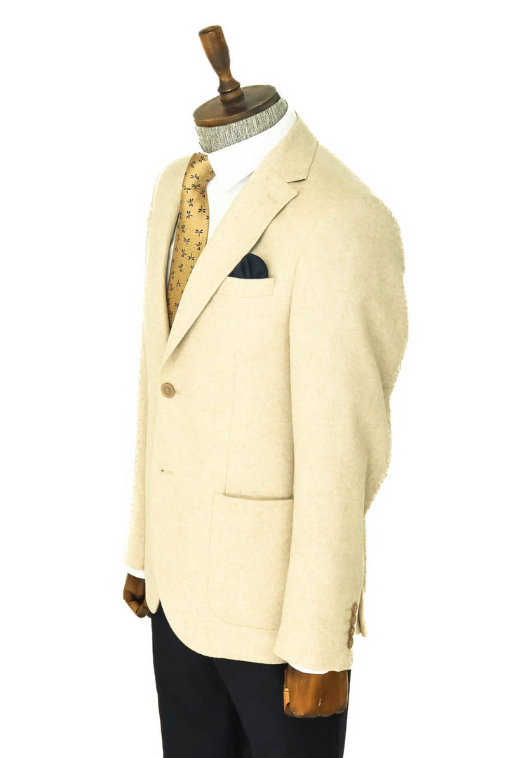 Slim Fit Plain Wide Lapel Cream Men Wool Blazer - Wessi