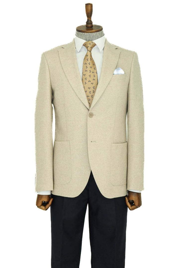 Combinación de blazer y pantalón de lana para hombre Slim Fit liso con solapa ancha color crema - Wessi