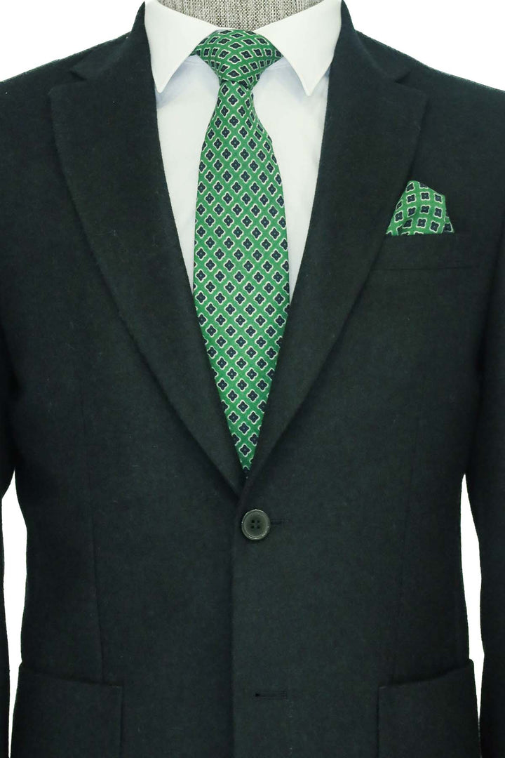 Blazer in lana da uomo verde con risvolto ampio, vestibilità slim, tinta unita - Wessi