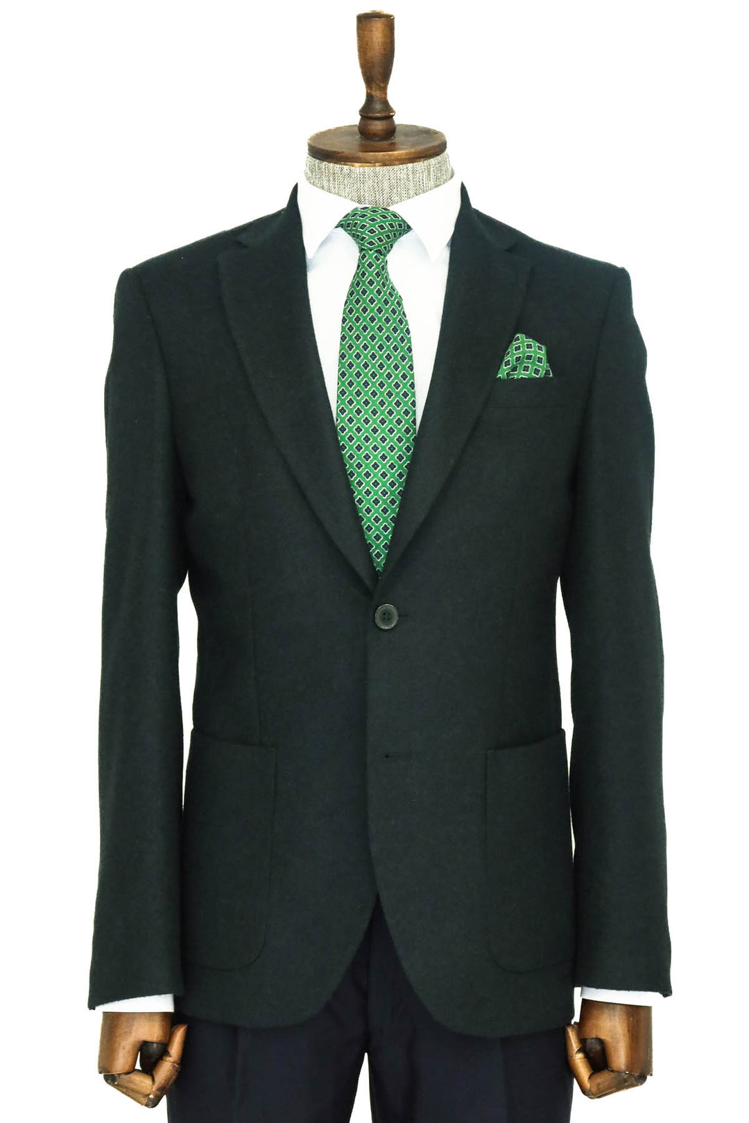 Blazer in lana da uomo verde con risvolto ampio, vestibilità slim, tinta unita - Wessi