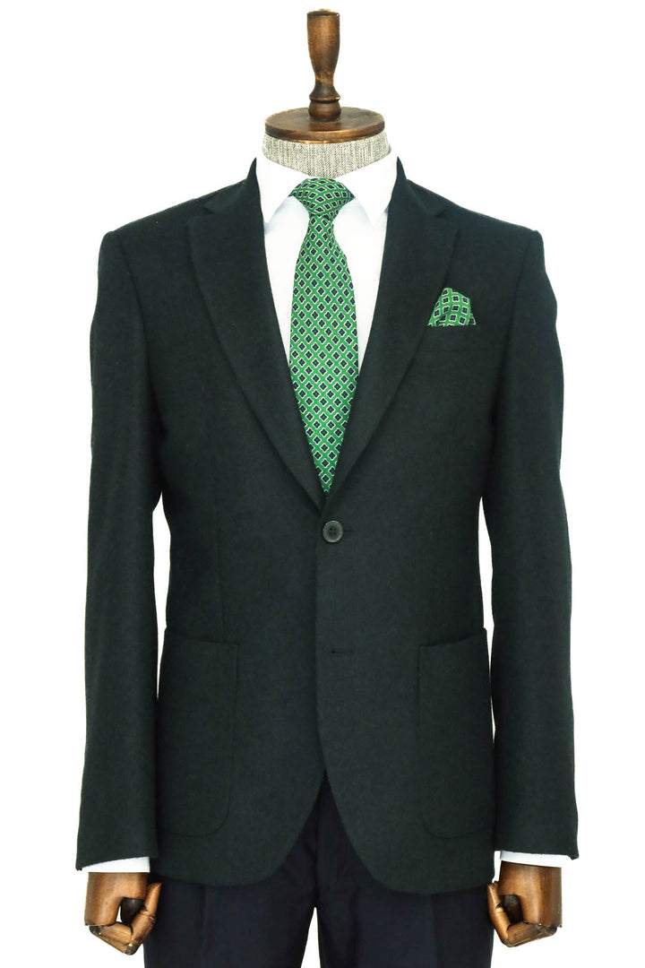 Blazer in lana da uomo verde con risvolto ampio, vestibilità slim, tinta unita - Wessi