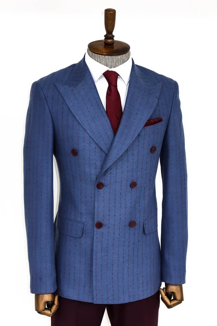 Striped Double Breasted Blue Men Blazer - Wessi