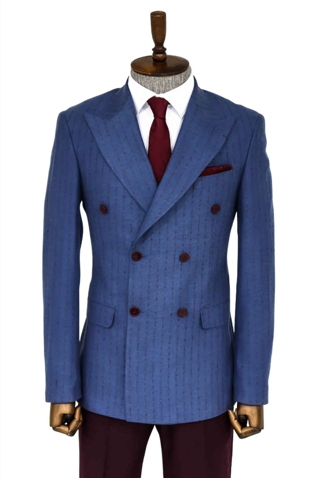 Striped Double Breasted Blue Men Blazer - Wessi