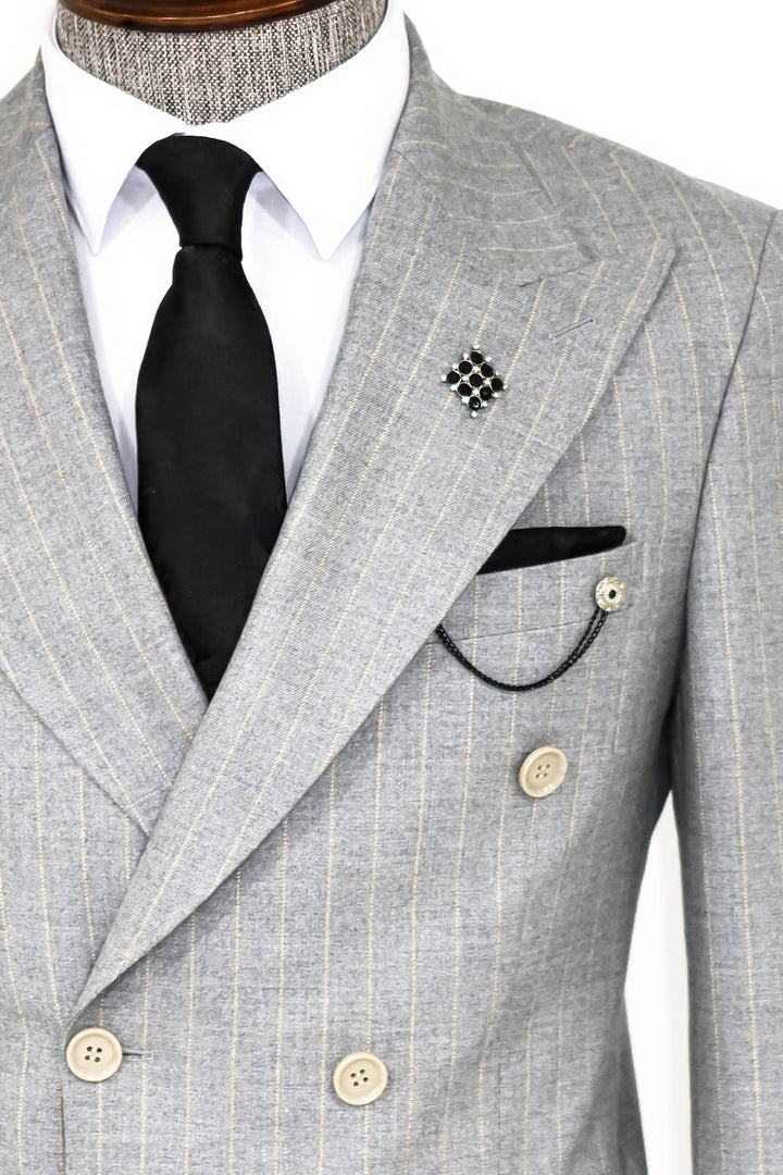 Striped Double Breasted Grey Men Blazer - Wessi