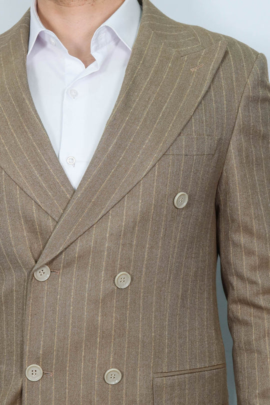 Striped Double Breasted Light Brown Men Blazer - Wessi
