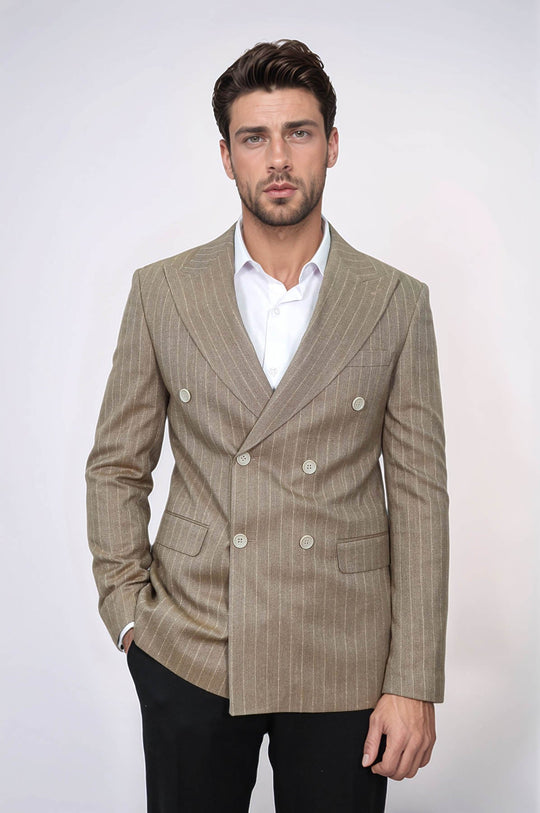 Striped Double Breasted Light Brown Men Blazer - Casual Blazer | Wessi – Wessi Striped Double Breasted Light Brown Men Blazer - Casual Blazer | Wessi – Wessi