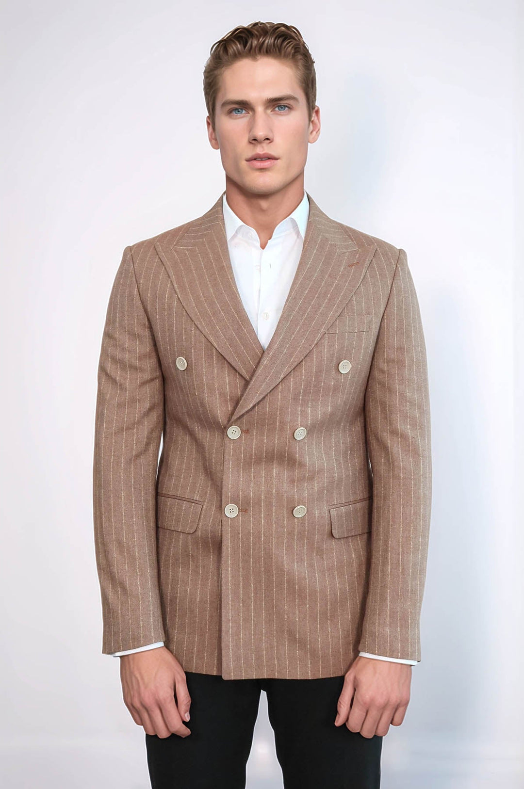 Striped Double Breasted Beige Men Blazer - Wessi