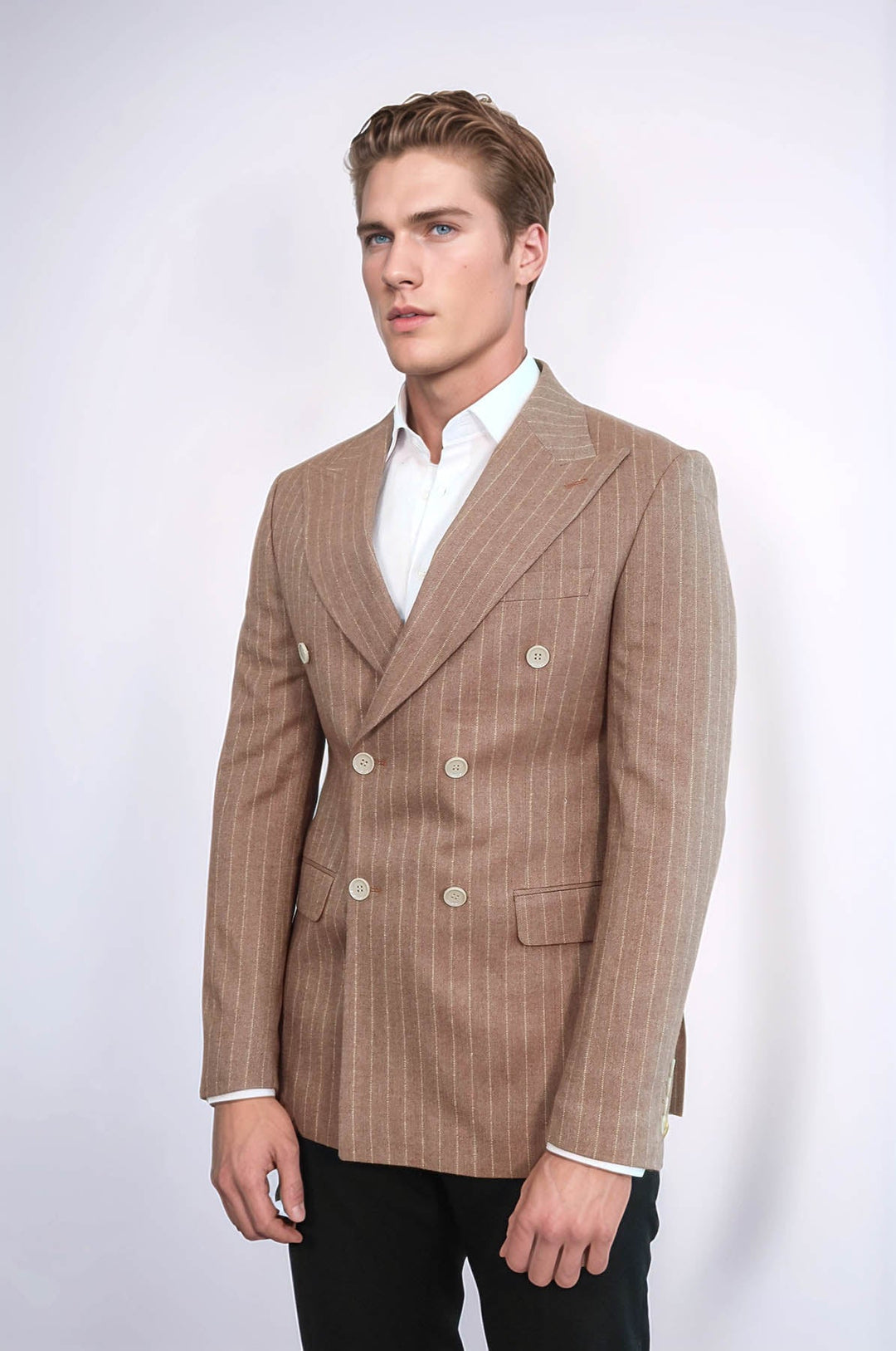 Striped Double Breasted Beige Men Blazer - Wessi
