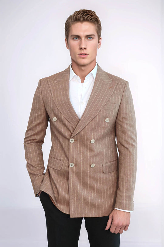 Striped Double Breasted Beige Men Blazer