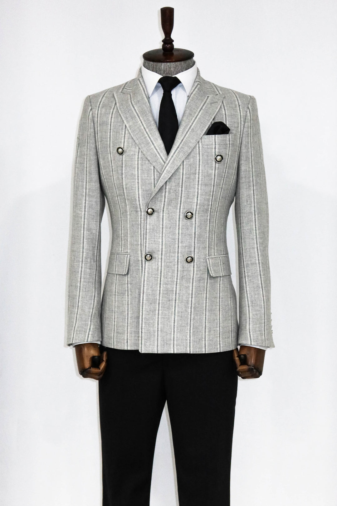 Wide Lapel Striped Double Breasted Grey Men Blazer and Trousers Combination- Wessi