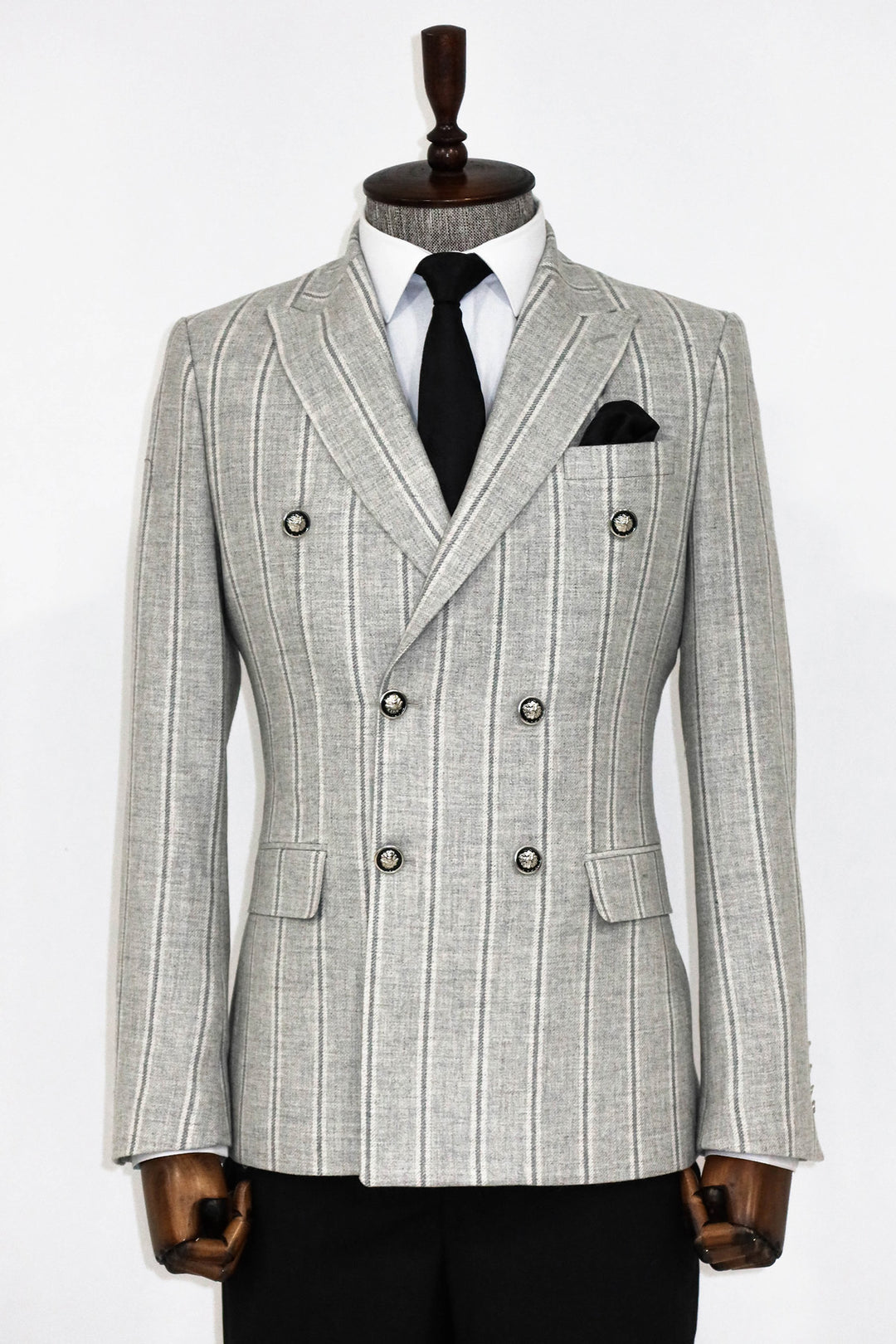 Wide Lapel Striped Double Breasted Grey Men Blazer and Trousers Combination- Wessi