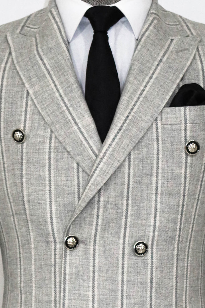Wide Lapel Striped Double Breasted Grey Men Blazer and Trousers Combination- Wessi