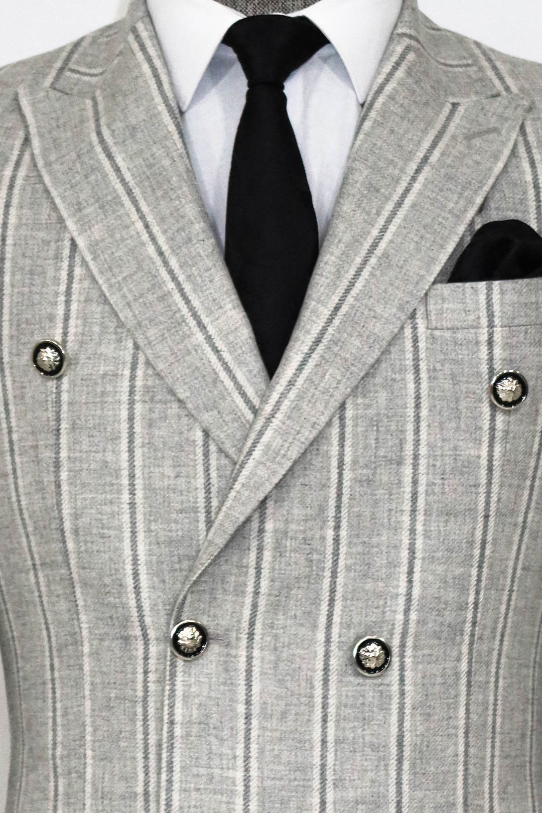 Wide Lapel Striped Double Breasted Grey Men Blazer and Trousers Combination- Wessi