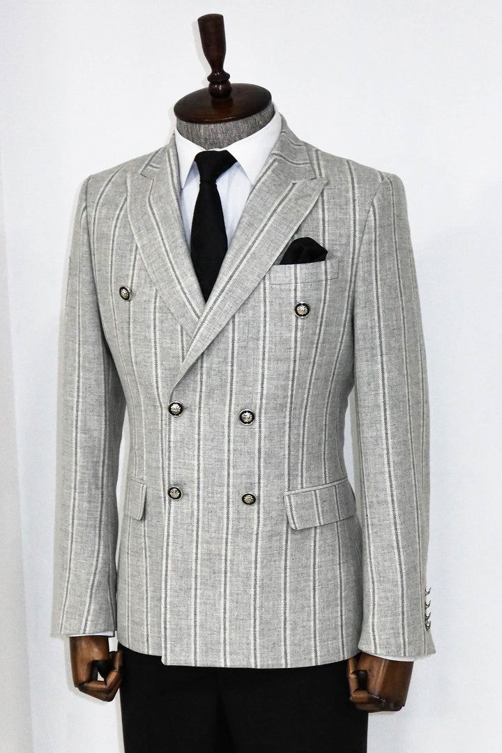 Wide Lapel Striped Double Breasted Grey Men Blazer and Trousers Combination- Wessi