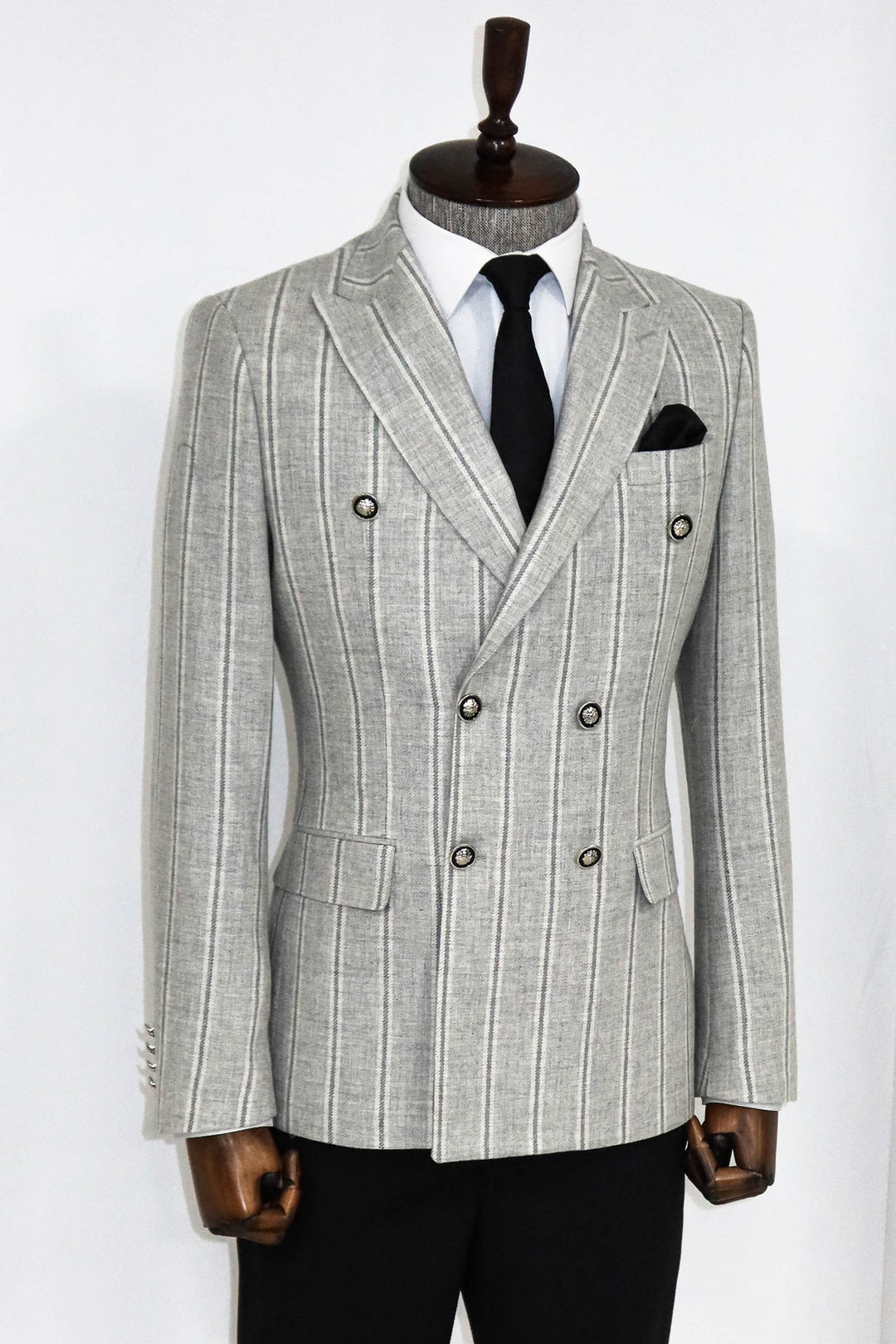 Wide Lapel Striped Double Breasted Grey Men Blazer and Trousers Combination- Wessi