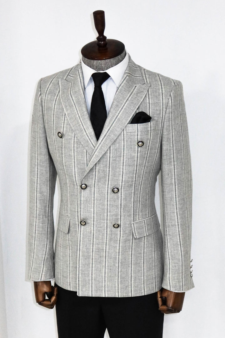 Wide Lapel Striped Double Breasted Grey Men Blazer and Trousers Combination- Wessi