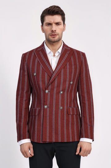 Striped Double-Breasted Burgundy Blazer, Navy Pants, White Shirt Outfit - Wessi - Timeless Office Outfit