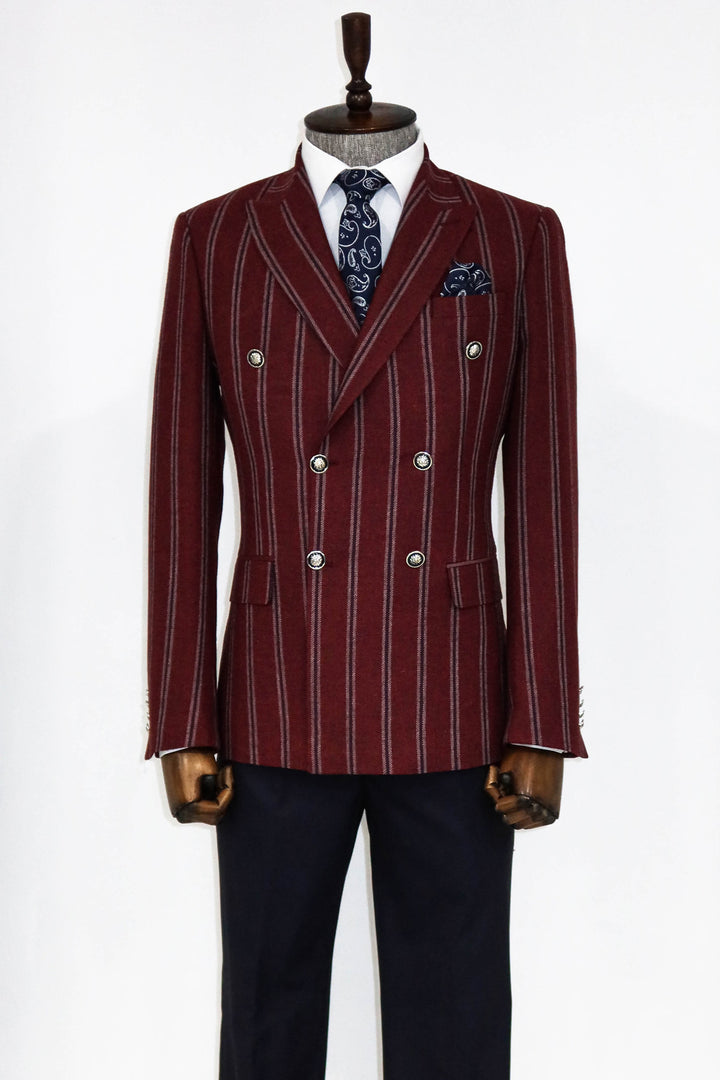 Wide Lapel Striped Double Breasted Burgundy Men Blazer and Trousers Combination - Wessi