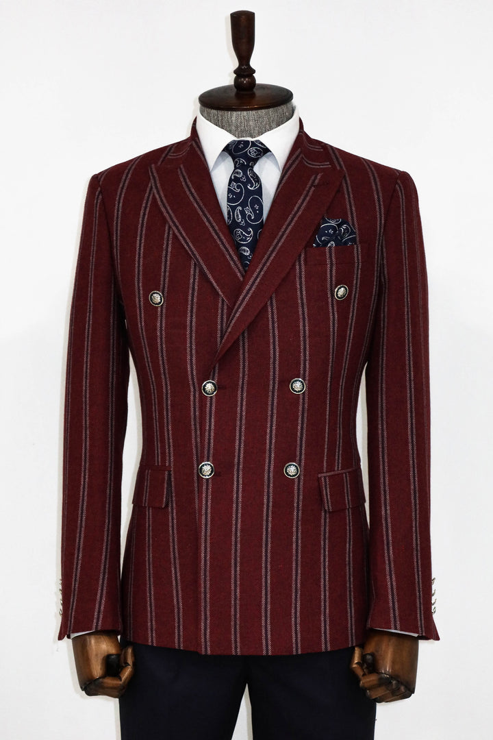 Wide Lapel Striped Double Breasted Burgundy Men Blazer and Trousers Combination - Wessi