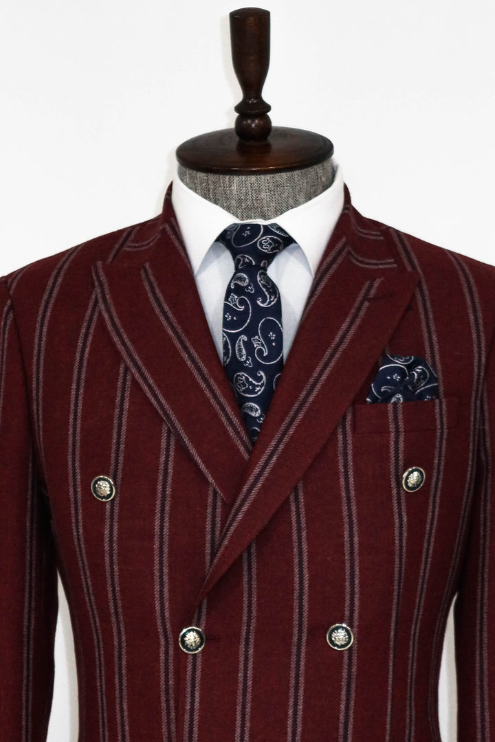 Wide Lapel Striped Double Breasted Burgundy Men Blazer and Trousers Combination - Wessi