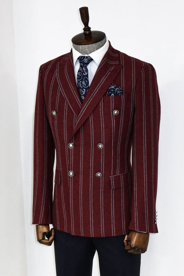 Wide Lapel Striped Double Breasted Burgundy Men Blazer and Trousers Combination - Wessi