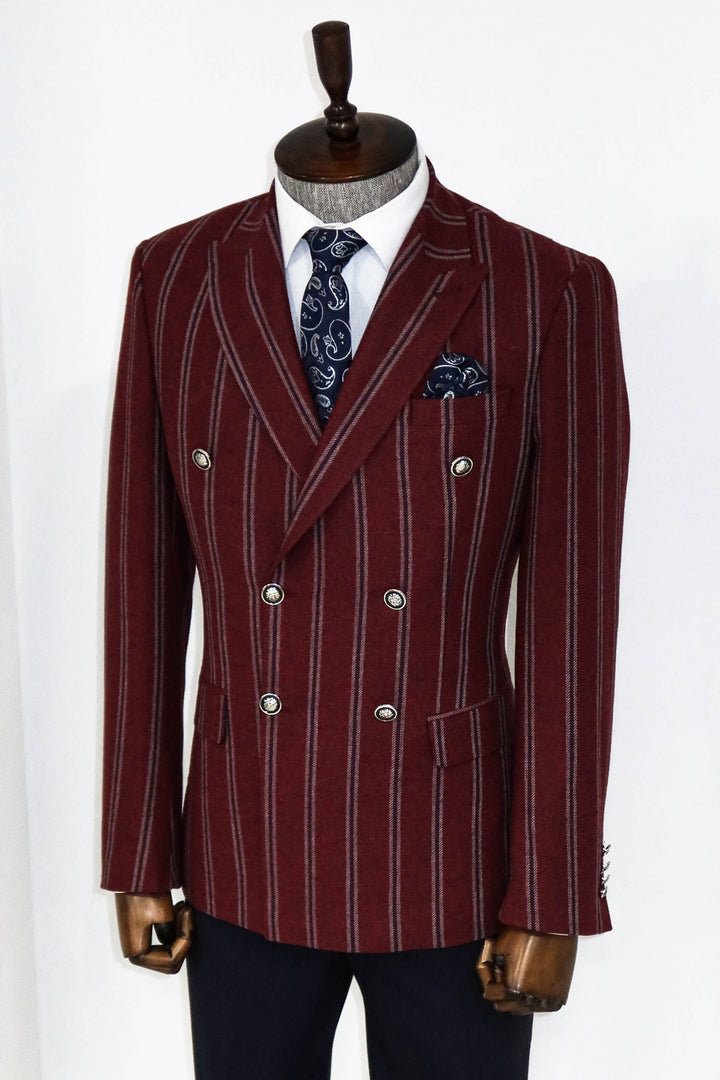 Wide Lapel Striped Double Breasted Burgundy Men Blazer and Trousers Combination - Wessi