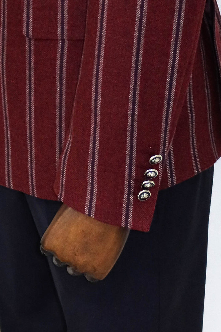 Wide Lapel Striped Double Breasted Burgundy Men Blazer and Trousers Combination - Wessi