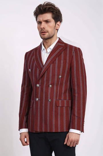 Striped Double-Breasted Burgundy Blazer, Navy Pants, White Shirt Outfit - Wessi - Timeless Office Outfit