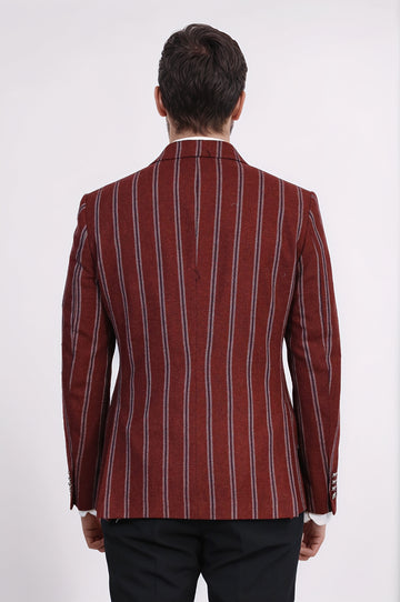 Striped Double-Breasted Burgundy Blazer, Navy Pants, White Shirt Outfit - Wessi - Timeless Office Outfit