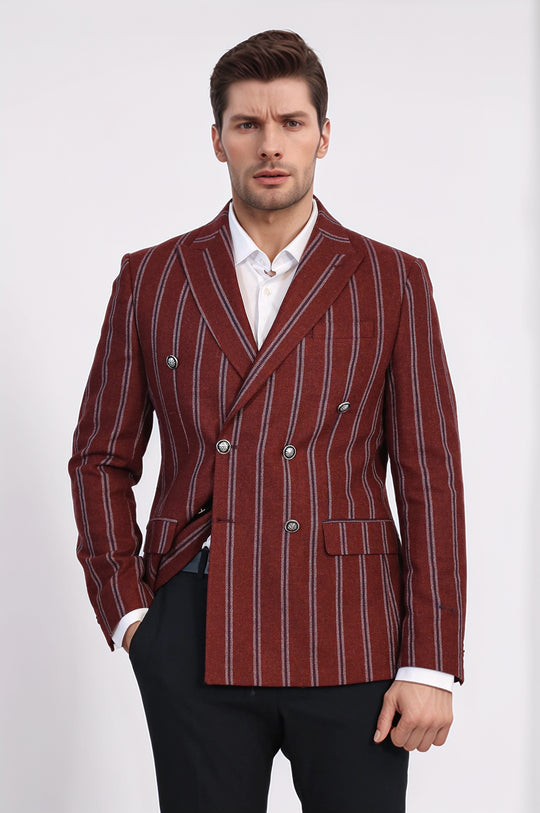 Striped Double-Breasted Burgundy Blazer, Navy Pants, White Shirt Outfit - Wessi - Timeless Office Outfit