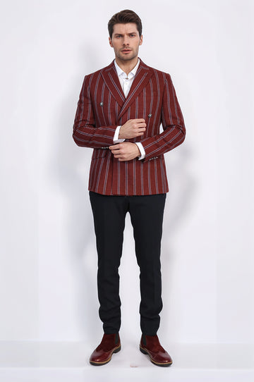Striped Double-Breasted Burgundy Blazer, Navy Pants, White Shirt Outfit - Wessi - Timeless Office Outfit
